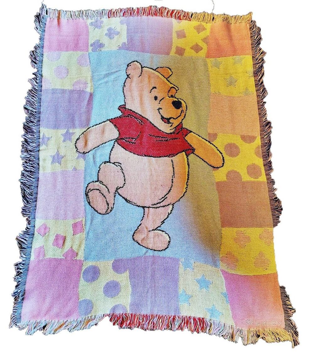 Vintage Disney Winnie the Pooh Pastel Woven Tapestry Blanket Throw Fringe